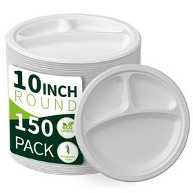Lxins Eco Xs-yp8.86g3 10 Inch 3 Compartment Paper Plates White 150 Pack Compostable Divided Plat