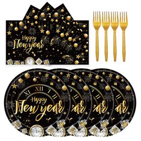 Lyfree 72plt 72pcs Happy New Year Paper Plates And Napkins Black Gold Party 2026
