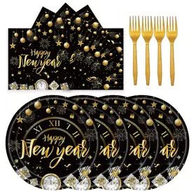 72plt Lyfree 72pcs Happy New Year Paper Plates And Napkins Black Gold Party 2026