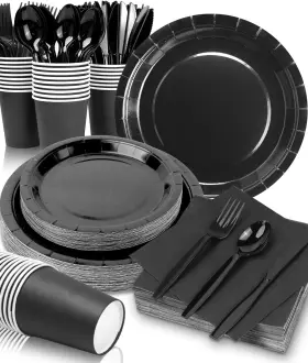 Pkh224 Lzerking Black Party Supplies Set 224 Pieces Of Paper Plates