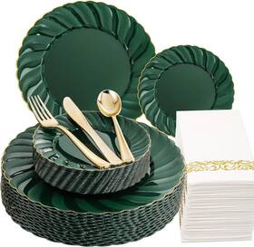 Madee 1022372 150pcs Emerald Green Plastic Plates - And Gold Disposable Dinnerware Inclu