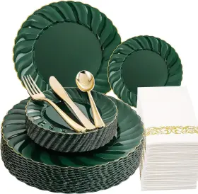 1022372 Madee 150pcs Emerald Green Plastic Plates - And Gold Disposable Dinnerware Inclu