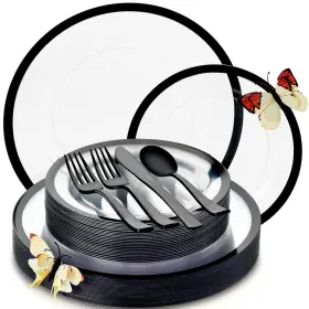 B08ftc9gb1 Madee By Heavyweight 150 Pcs For 25 Guests Clear And Black Plastic Plates A