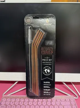 Manna 848974234119 Reusable Straws 5 Pc Rose Gold 18/8 Stainless Steel Bent 10.5 In Brush Set