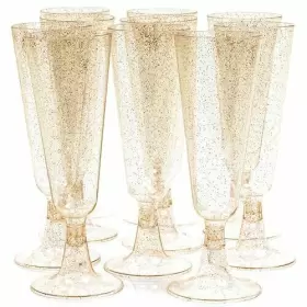 Matana 060630691127 50 Gold Glitter Plastic Champagne Flutes 5oz Clear