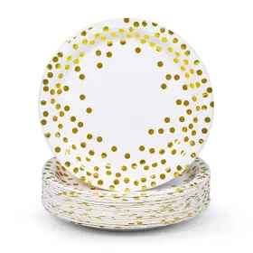 Matican 897104640395 Party Paper Plates 50-pack Disposable White And Gold Foil Polka Dots