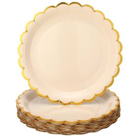 Maxcheck Maxcheck-plates-88 50 Pcs White Gold Scalloped Paper Plates With Foil 9 Inches Disposable Pape