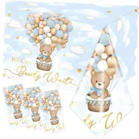 Mbetray 717225002534 3pcs Bear Baby Shower Tablecloth We Can Barely Wait Blue
