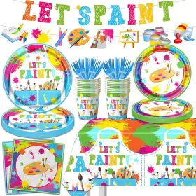 Mbetray 762704567363 Paint Party Supplies 142pcs Art Birthday Tableware Set Plates Cups Serves 20