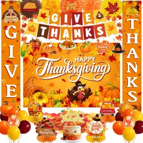 Meuqeaju 717710163597 Thanksgiving Decorations Give Thanks Turkey Themed Backdrop Banner