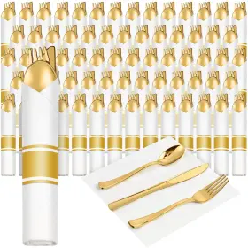 Flo-mifoci-0395 Mifoci 200 Pack Pre Rolled Gold Plastic Silverware Set Disposable Wrapped Cutlery S