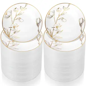 Flo-mifoci-31 Mifoci 150 Pcs 7.5 Inch White And Gold Plastic Plates With Rim Floral Design E Flo-mifoci-31 Mifoci 150 Pcs 7.5 Inch White And Gold Plastic Plates With Rim Floral Design E