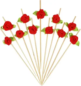 Minisland 727536635628 Red Rose Flower Cocktail Picks 4.7 Inch Long Bamboo Fancy Toothpicks