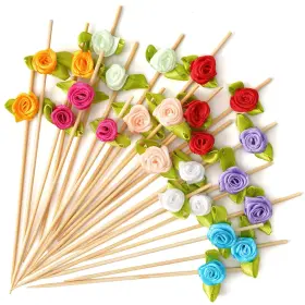 Minisland 788000744963 Multicolor Rose Flower Cocktail Picks 4.7 Inch Long Bamboo Fancy Toothpicks For