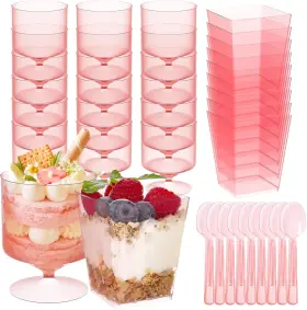 Rnzes45 Mkoeveng 120 Packs Pink Dessert Cup With Spoons 5 Oz Mini Clear Parfait Cups Square Dess