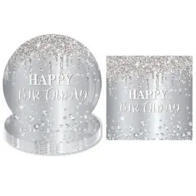 Mmoonn 763501530727 Silver Happy Birthday Party Tableware Set Napkins And Plateswomen Men Hap