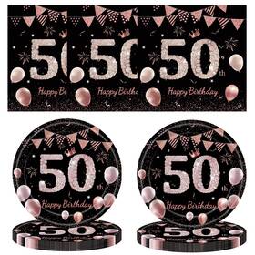 Mmoonn 763501532103 50th Birthday Paper Party Plates Napkins Set Black Rose Gold Serves 20 Guest