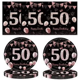 Mmoonn50 Mmoonn 763501532103 50th Birthday Paper Party Plates Napkins Set Black Rose Gold Serves 20 Guest