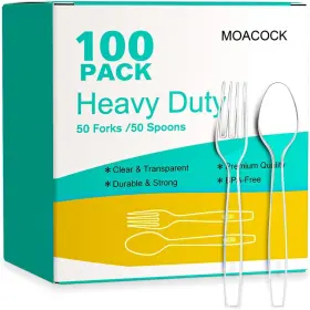 Moacock 726084599840 100 Count Plastic Silverware Heavy Weight Forks Spoons Disposable Utens