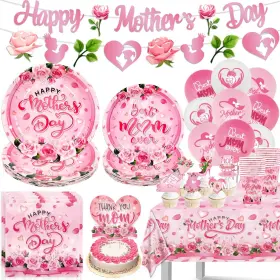 Mmd-116 Mokeja Party Mothers Day Set Pink Floral Plates Napkins Banner Cups And Balloons