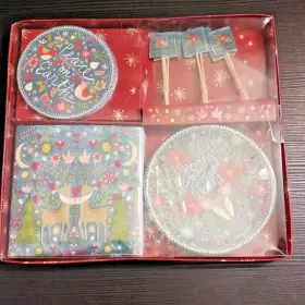 14159 Molly & Rex Christmas Entertainment Set 56 Pcs Plates Napkins Coasters Picks And