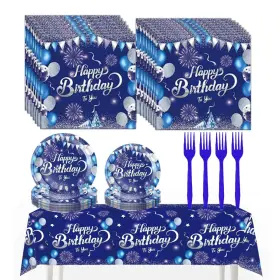 Morbanner0610223 Morbanner Blue Birthday Decorations Party Tableware Set Navy And Silver Happy