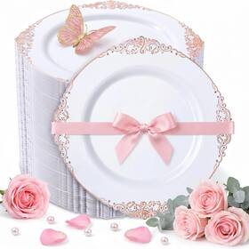 Morejoy 313039458422 100 Pieces Rose Gold Plastic Plates - Disposable 10.2