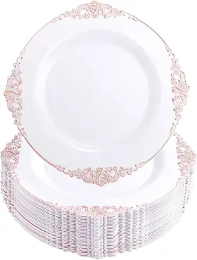 Morejoy 313116520592 100 Pieces Rose Gold Plastic Plates - Disposable 10.2 Morejoy 313116520592 100 Pieces Rose Gold Plastic Plates - Disposable 10.2