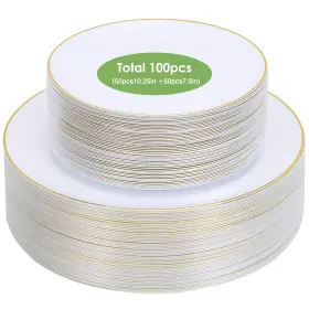 Gppd-25070901 Moretoes 100pcs White Gold Plastic Plates A-white With Rim