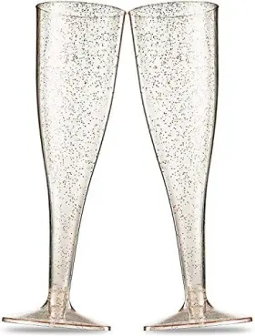 Munfix 739992998896 100 Plastic Champagne Flutes - Disposable Flute Gold Glitter Plas