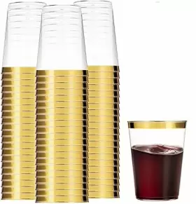 Munfix 739992998933 100 Gold Plastic Cups 12 Oz Clear Tumblers Rimmed