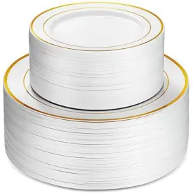 Munfix 739992999015 100 Piece Plastic Party Plates White Gold Rim 50 Premium Heavy Duty 10.25 Inch