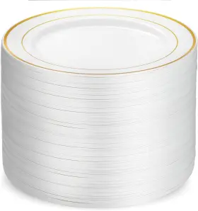 Munfix 752505947952 100 Gold Plastic Plates Set 10.25 Inch Dinner Fancy Disposab