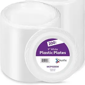 Munfix 810065460486 9 Inch White Plastic Plates 200 Bulk Pack Disposable For Bbq Party Dinn