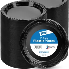 Munfix 810065460547 200 Black Plastic Plates Set - 6 Inch Dessert Disposable Plat