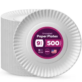 Munfix 810065460677 500 Pack Uncoated Paper Plates 9 Inch Everyday Disposable White Dinn