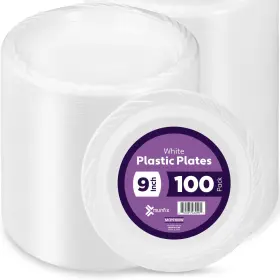 Munfix 810065460905 100 White Plastic Plates Set - 9 Inch Dinner Disposabl