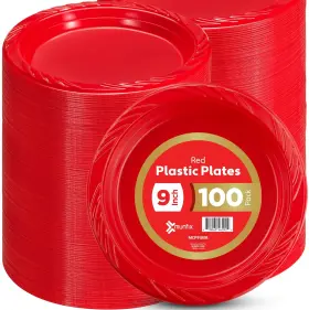 Munfix 810065460929 100 Red Plastic Plates Set 9 Inch Dinner Disposable Bulk P