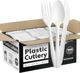 Mc1s1000w Munfix 1000 Count White Silverware Set 334 Plastic Forks 333 Spoons