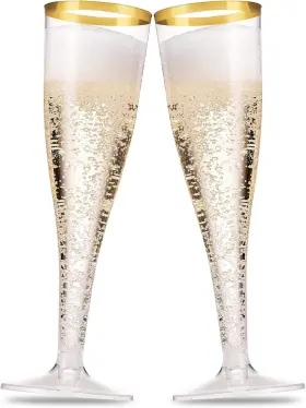 Mf550gr Munfix 50 Pack Gold Rimmed Plastic Champagne Flutes 5 Oz Clear Toasting