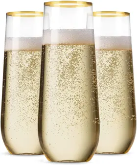 Msf948gr Munfix 48 Pack Stemless Plastic Champagne Flutes Disposable 9 Oz Gold Rim Clear
