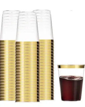 Mt16100gr Munfix 100 Gold Plastic Cups 16 Oz Clear Tumblers Rimmed New