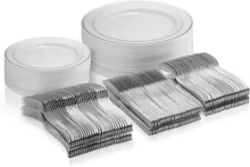 Mts125s Munfix 125 Piece Silver Dinnerware Party Set - 50 Rim Plastic