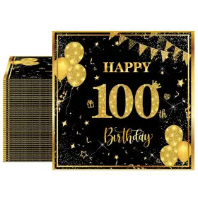 Muplaya 717352822548 40pcs 100th Birthday 6.5x6.5 Inches Black Gold Napkins 100