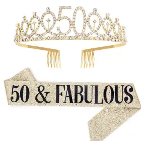 Muyee-21-10-07 Muyee 50 And Fabulous Sash Rhinestone Tiara Set 50th Birthday Gifts Gold
