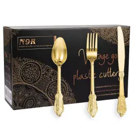 N9r 074713036748 300pcs Gold Plastic Silverware Dinnerware Flatware- Heavyweight Plas