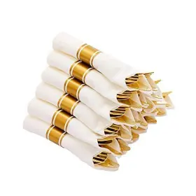 N9r 615870323175 30 Pack Pre Rolled Gold Plastic Cutlery Set Wrapped Silverware W