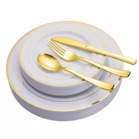 N9r 747130367213 125pcs White Plastic Plates With Gold Rim And Disposable Silverware Set