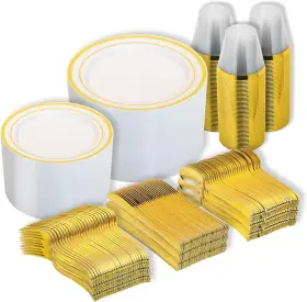 Hq-d003 N9r 600pcs Disposable Plastic Plates Gold Dinnerware Set