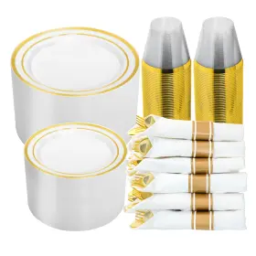Hq-d004 N9r 350pcs Gold Plastic Dinnerware Set For 50 Guests Disposable Plates F